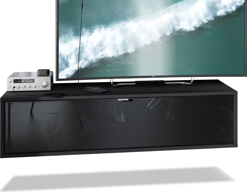 Vladon TV Board Lana 120 Hängeschrank Lowboard 120 x 29 x 37 cm, Germany, Korpus in Schwarz matt, Fronten in Schwarz Hochglanz | Große Farbauswahl