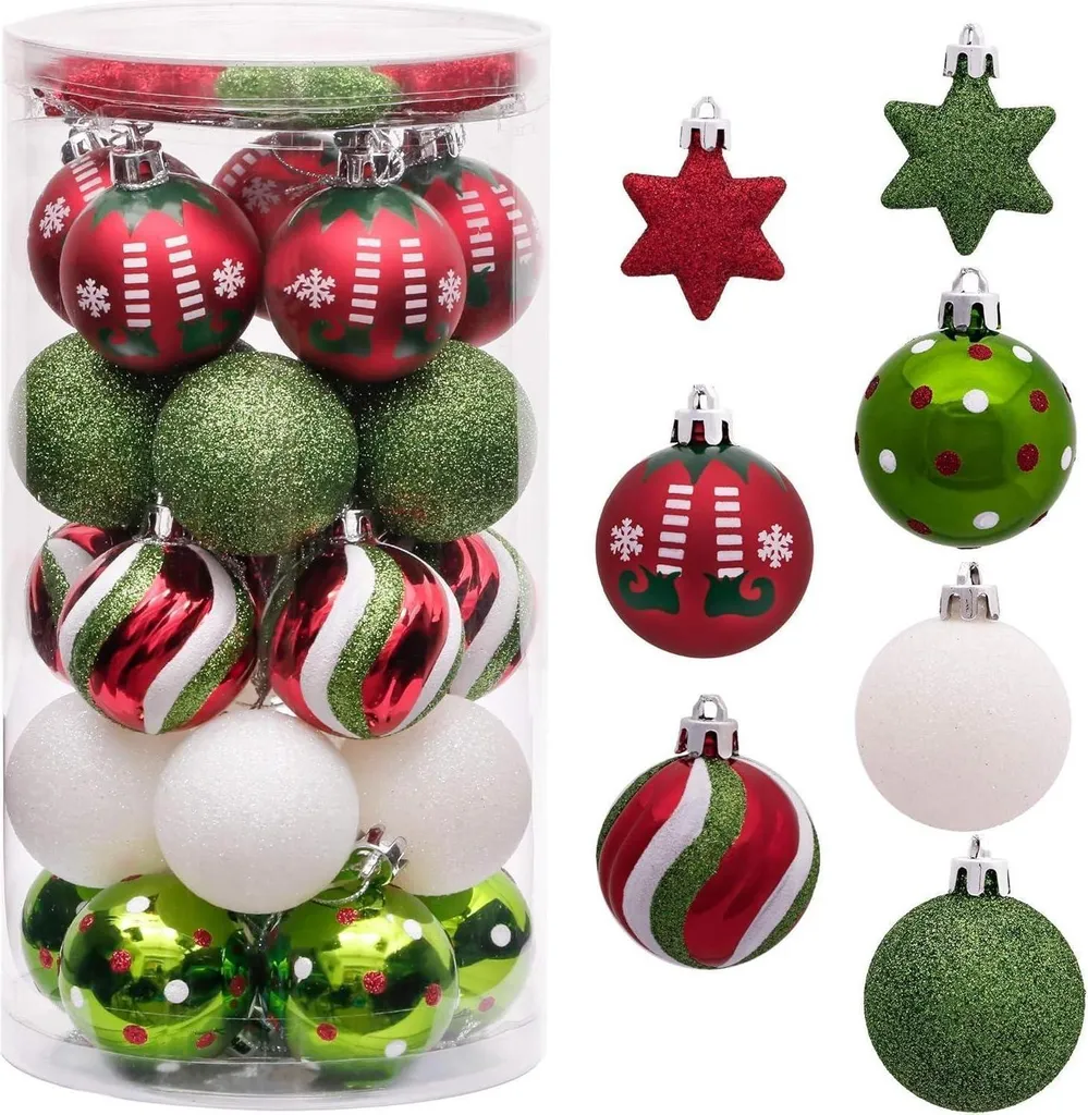 Kit Déco Sapin de Noël : 35 Boules de 5cm Coloris Rouge et Vert Mat