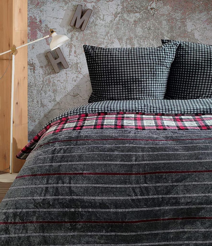 Teddy Plüsch Bettwäsche 135x200 cm Winter Cashmere Touch Flauschig schwarz grau brombeer gestreift 2 teilig