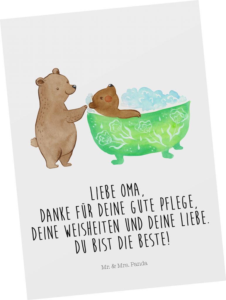 Mr. & Mrs. Panda Postkarte Oma Baden - Weiß - Geschenk, Liebe, Postkarten, Badewanne, Ansichtskarte, Grußkarte, Familie, bildkarte, Ansichtskarte...