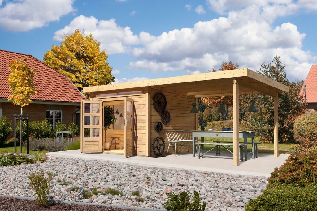 Karibu Gartenhaus Gerätehaus Kandern 6 im Set mit Anbaudach 3,2 m Breite naturbelassen 565x274x222 cm
