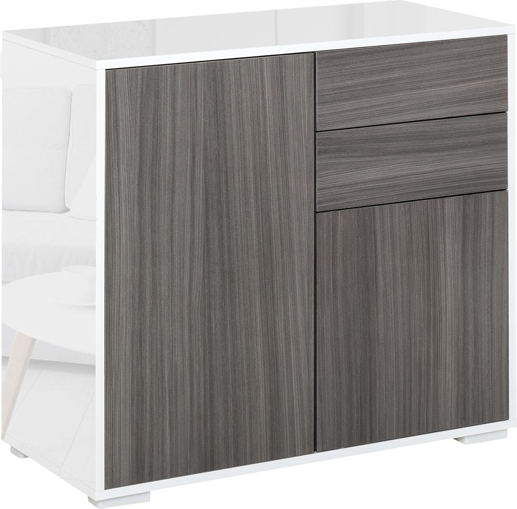 HOMCOM Küchen-Sideboard mit 2 Türen, 2 Schubladen, glänzend weißer Rahmen, verstellbares Regal, Schnappöffnung, Aufbewahrungsschrank für Schl...