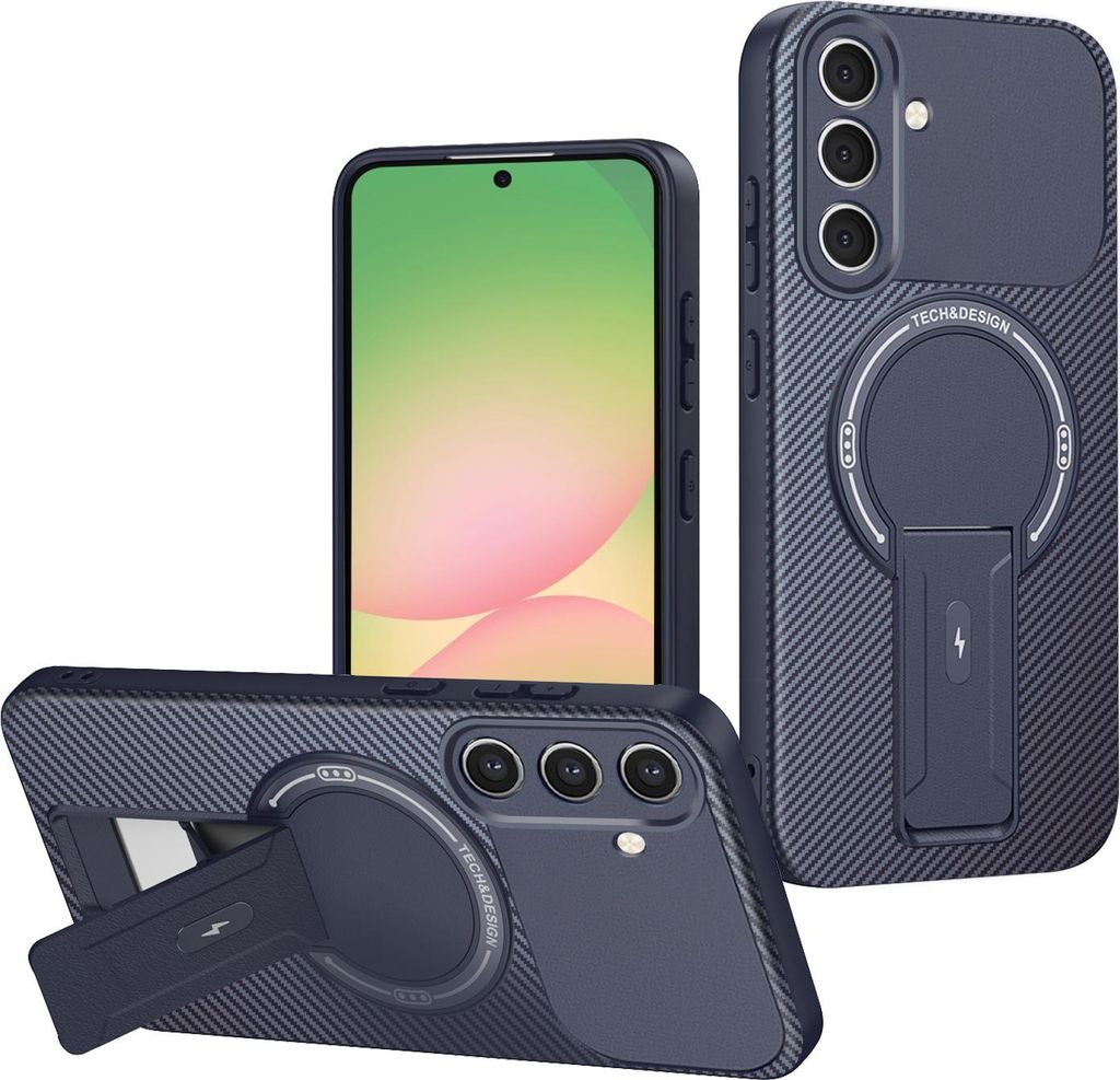 Hülle für Samsung Galaxy A36/A56 Magnetisch Carbonfaser Design TPU Hybrid Handyhülle mit Ständer Blau