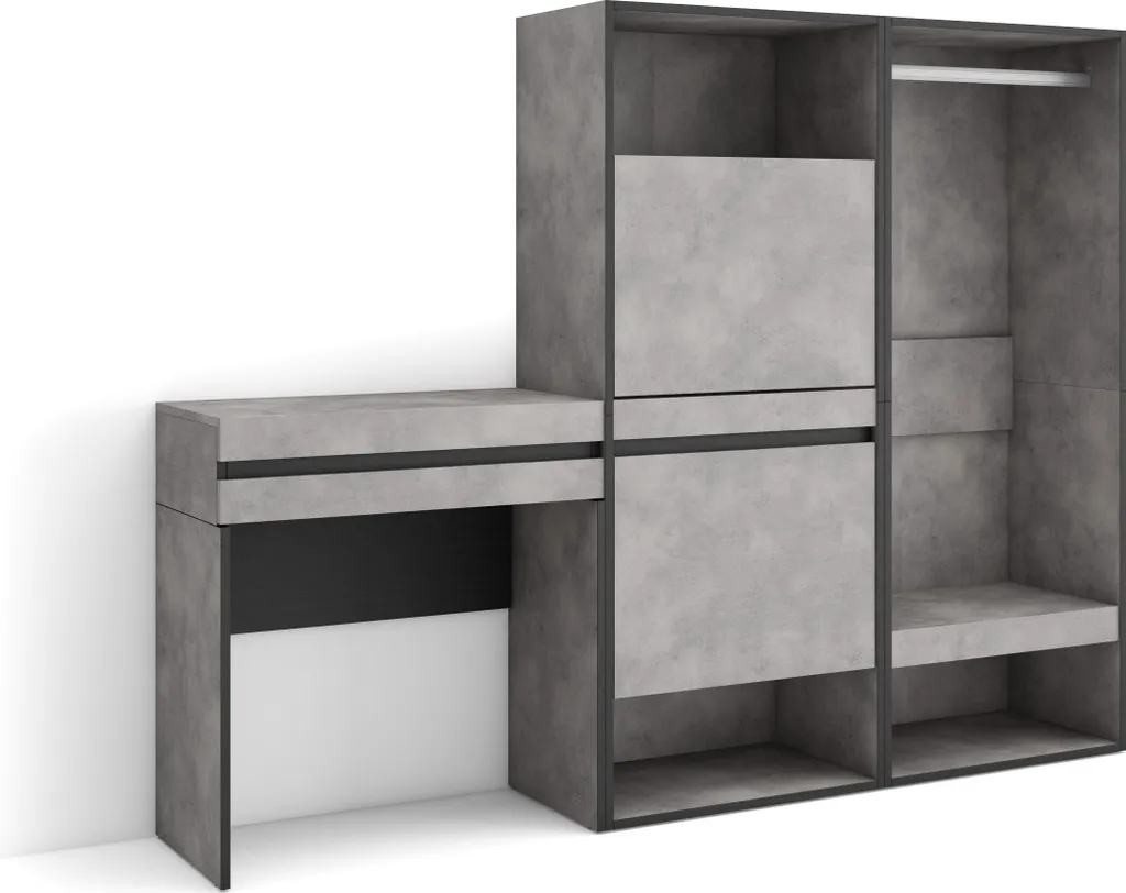 Meuble d'Entrée Complet avec Vestiaire Miroir et Range-Chaussures Ciment