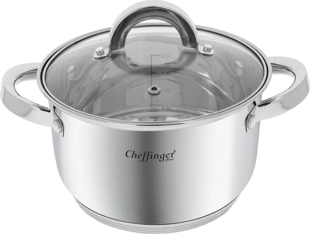 Cheffinger, Edelstahl Kochtopf mit Glasdeckel 18cm 2.9L Induktion, Silber