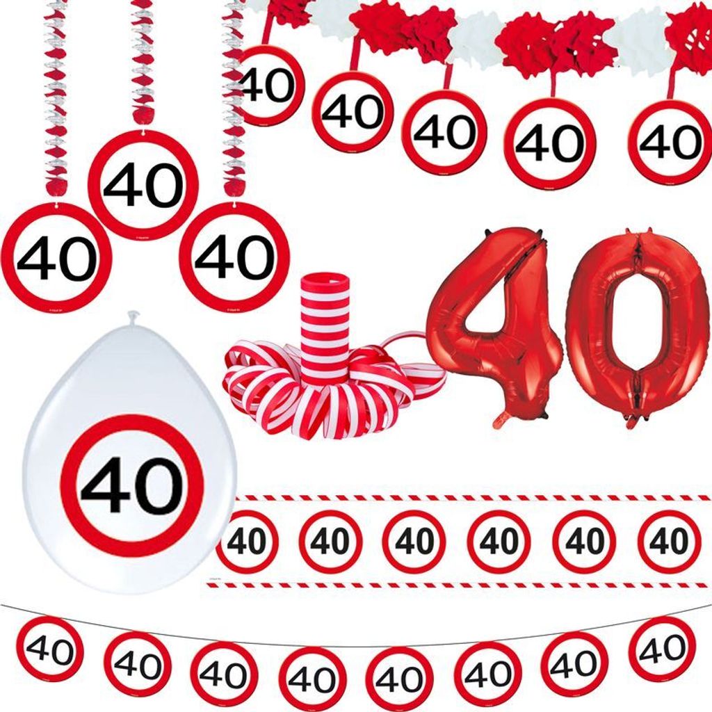 40. Geburtstag Verkehrsschild Geburtstagsdeko Partyset Party Deko Set rot weiss Dekoration Zahl Frau Mann