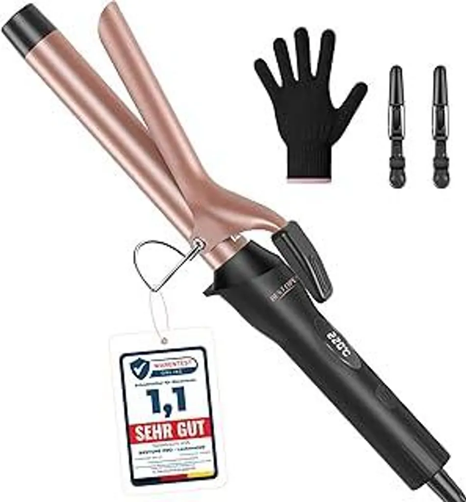 BESTOPE PRO Arricciacapelli 25 mm, ferro ondulatore in ceramica per capelli con ioni negativi, 8 temperature regolabili, riscaldamento rapido in 30 secondi, spegnimento automatico dopo 60 minuti, guanto, 2 mollette, oro rosa - 1