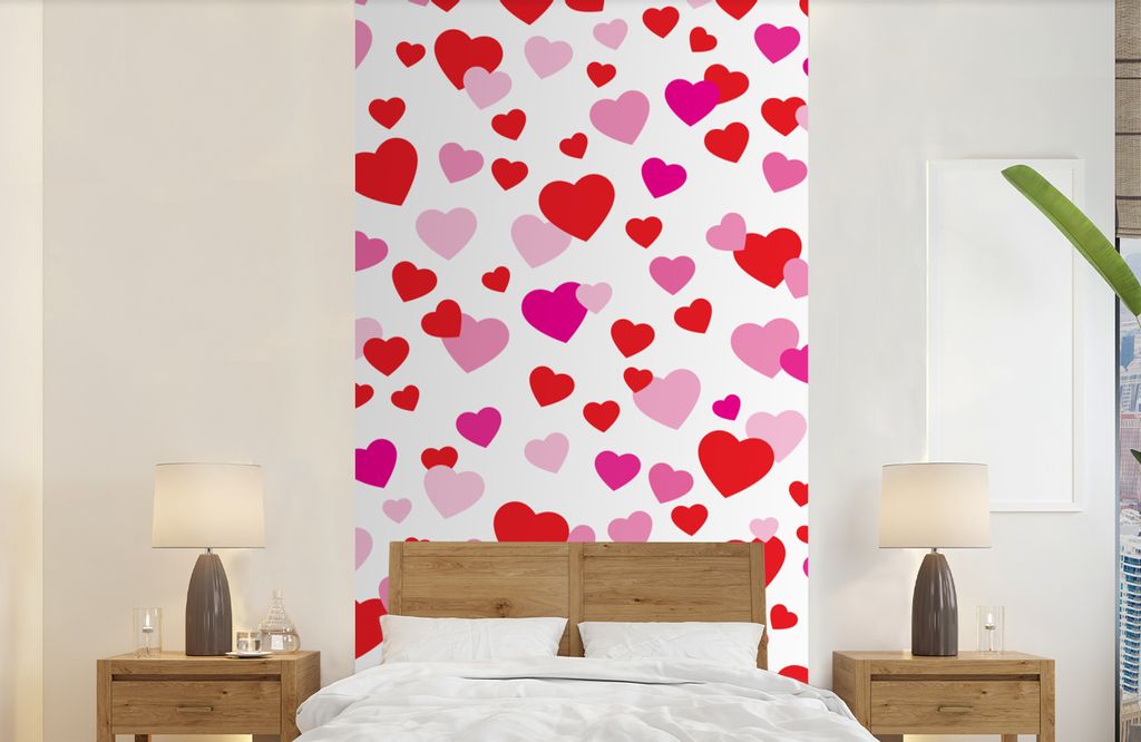 MuchoWow Fototapete für Wohnzimmer oder Schlafzimmer Wandtapete Vinyl Motivtapete Eine Illustration mit bunten Herzen - 120x240 cm - Hintergrund...