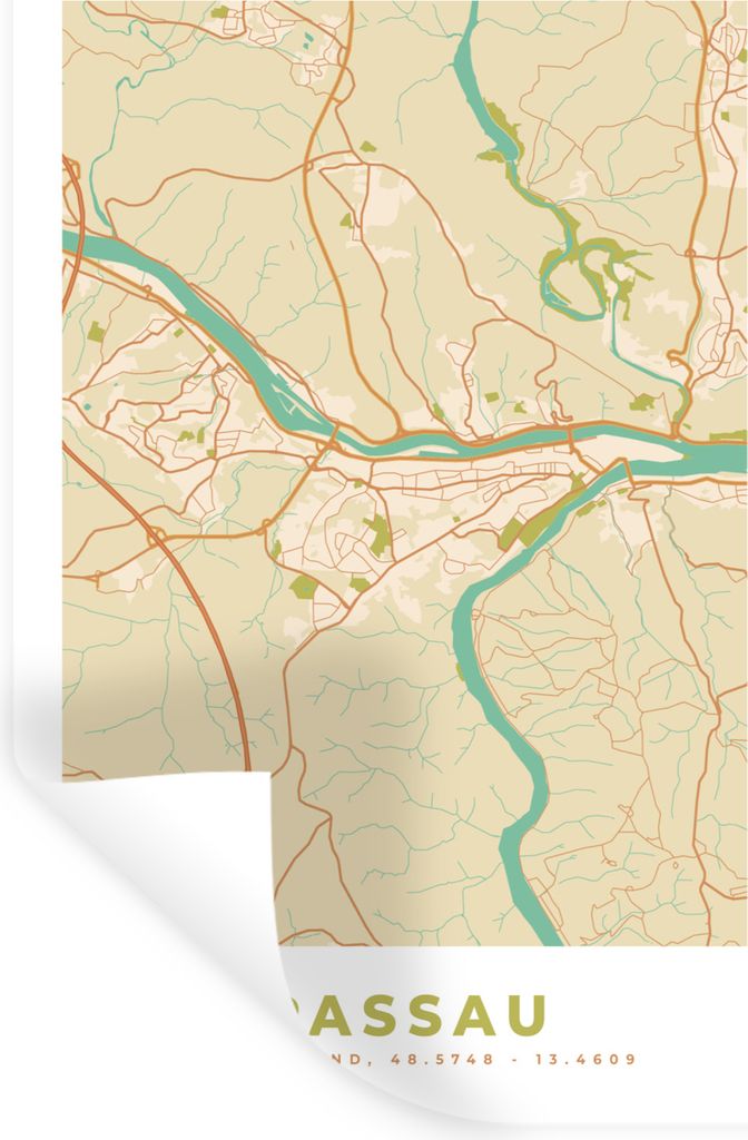 MuchoWow Wandtattoo Wandsticker Wandaufkleber Jahrgang - Passau - Stadtplan - Karte 40x60 cm Selbstklebend und Repositionierbar - Wierderverwendb...