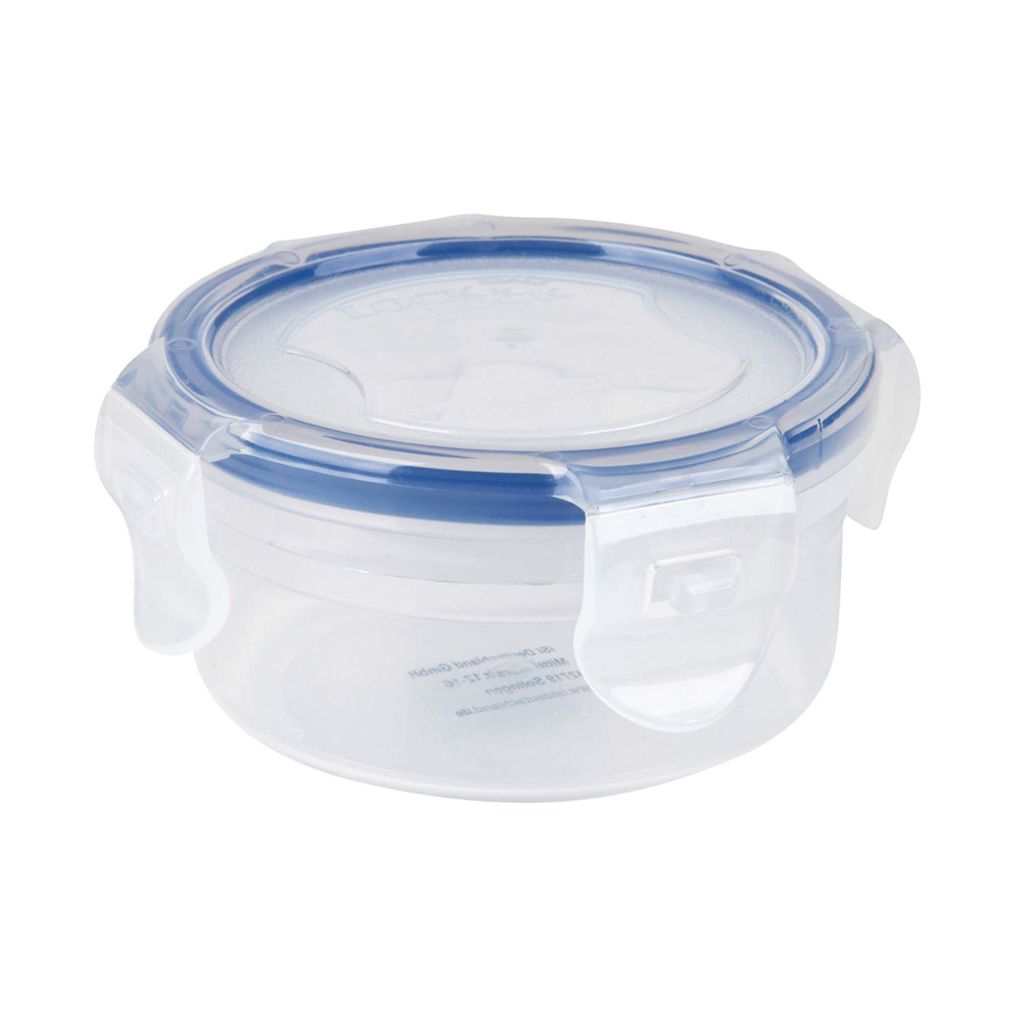 A clear, studio shot of a round, clear plastic food storage container with a blue lid and locking clasps, isolated on a white background.