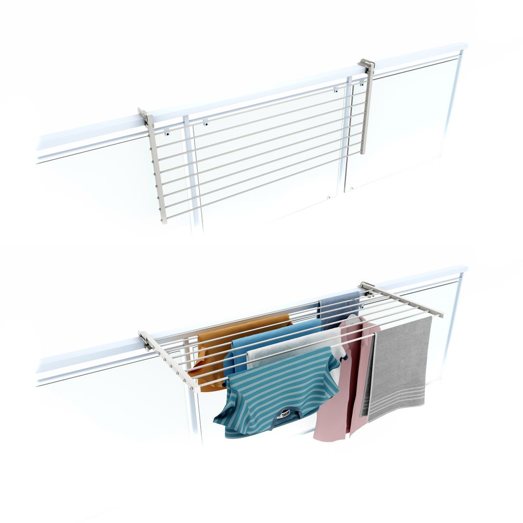 A product image showing a clothes drying rack mounted on a railing, both empty and with clothes on it.