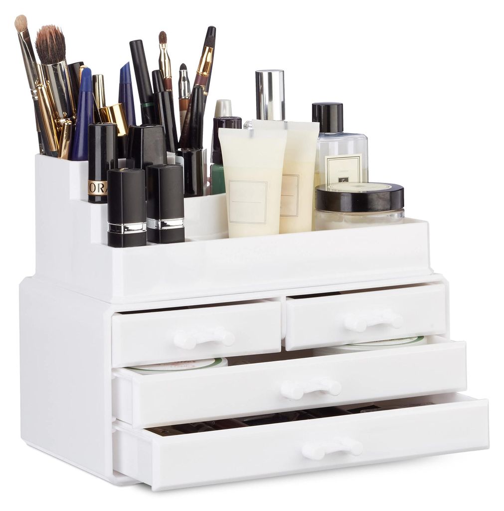 Make-up-Organizer mit 4 Schubladen, Halterung für Nagellack und Lippenstift, Acryl-Make-up-Set, weiß, 14 x 23,5 x 19 cm