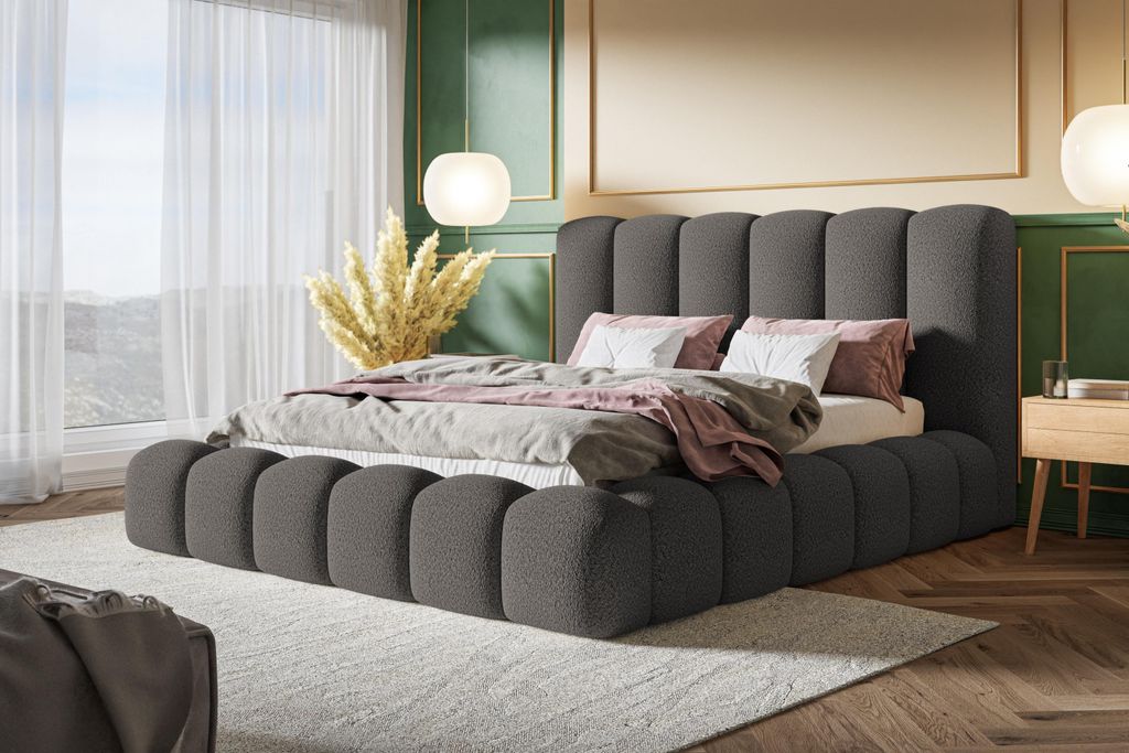 Bett 120x200, Bett mit Lattenrost, Polsterbett mit Bettkasten und Metallrahmen, Eleganter Catch Me-stoff, Kollektion Nora Maxi, Grau