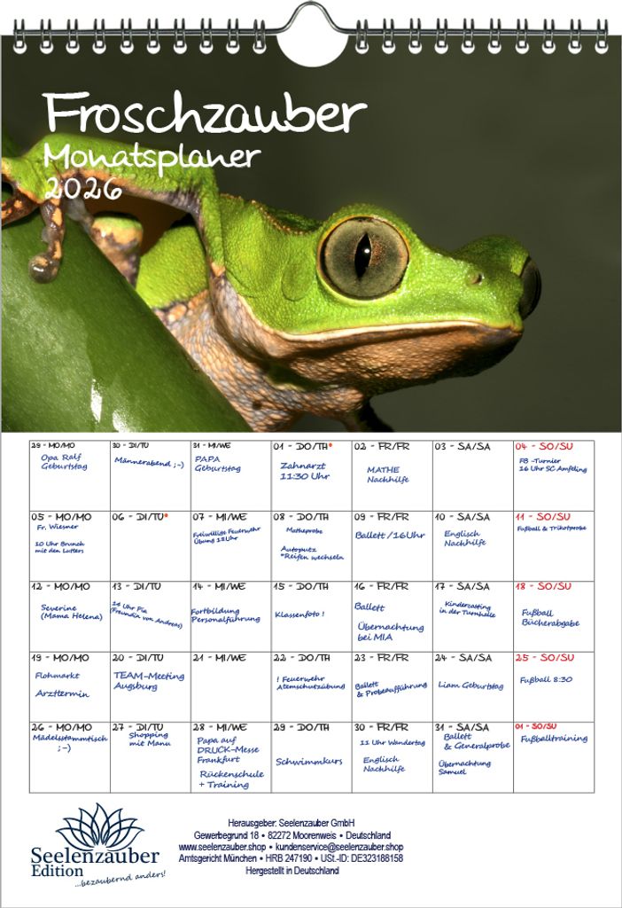 Froschzauber Frösche Planer DIN A4 Kalender für 2026 Frosch - Seelenzauber