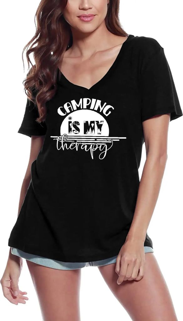 Damen Grafik T-Shirt V-Ausschnitt Camping ist meine Therapie - Camp – Camping Is My Therapy - Camp – Öko-Verantwortlich Vintage Jahrgang Kurzarm