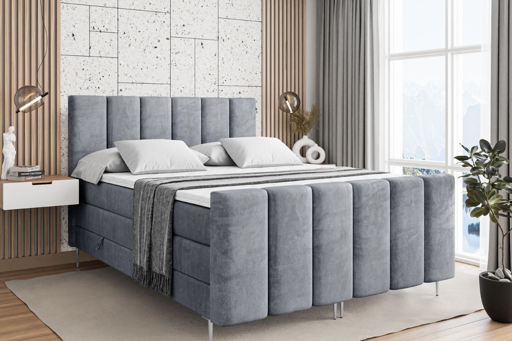 ALTDECOR Boxspringbett mit Silber Füßen, Matratze und Lattenrost, Topper, Fußteil, Polsterbett mit Bettkasten, Bett mit Stauraum H3- und H4- Mat...