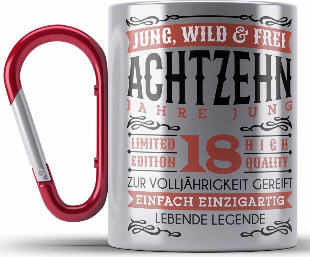 Trendation - 18. Geburtstag Edelstahl Tasse Karabiner Produktbild 