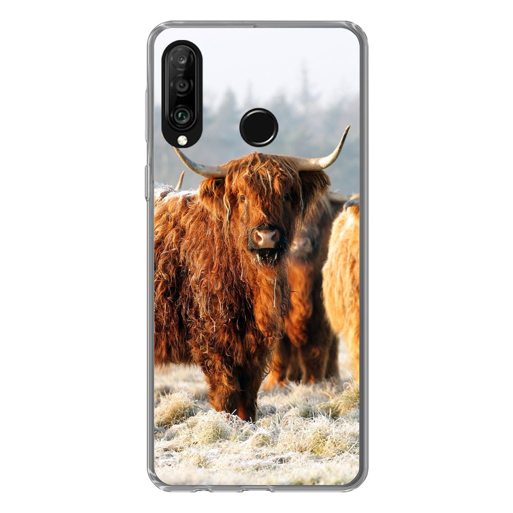 MuchoWow Handyhülle Schutzhülle Hülle für Huawei P30 Lite Schottische Highlander - Schnee - Wald Silikon Softcase Handy Hülle - Handyhülle