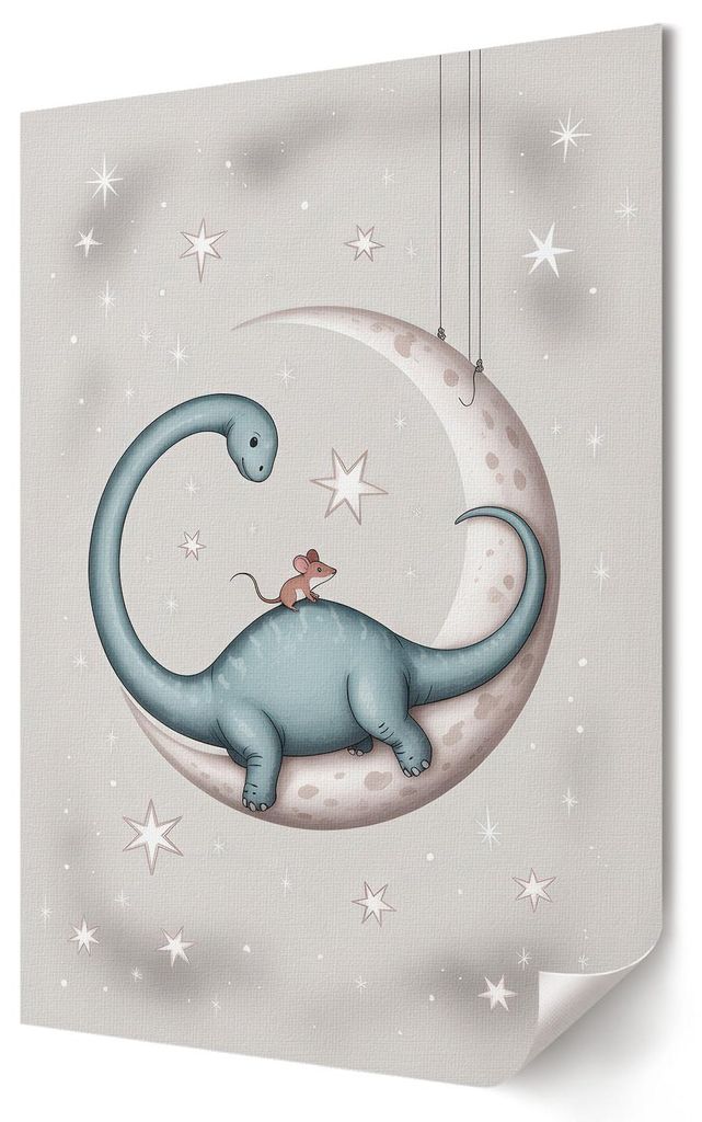 Dinosaurier auf dem Mond- Kunstdruck A1 (59x84 cm) - Kindisch, romantisch- Wandbild für Wohnzimmer Schlafzimmer & Flur, Modernes Poster Wanddeko, ...