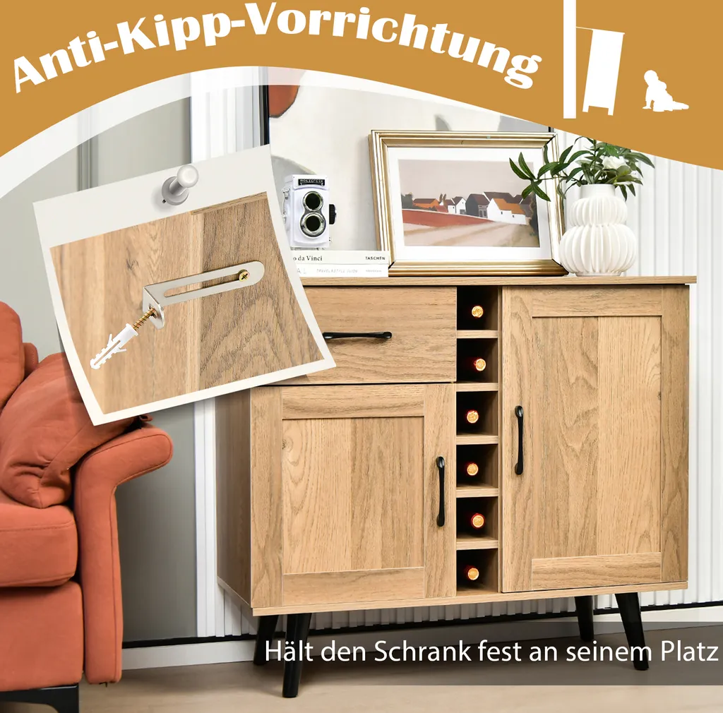 Buffet avec étagères réglables et casier à vin, commode mobile naturelle