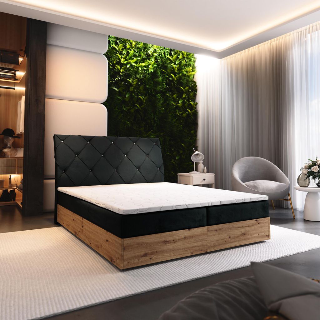 Masseno Boxspringbett VELLANO 180x200 cm Komplett-Set mit Bonell Matratze und Topper, Polsterbett mit Bettkästen -Schwarz, KRONOS 07