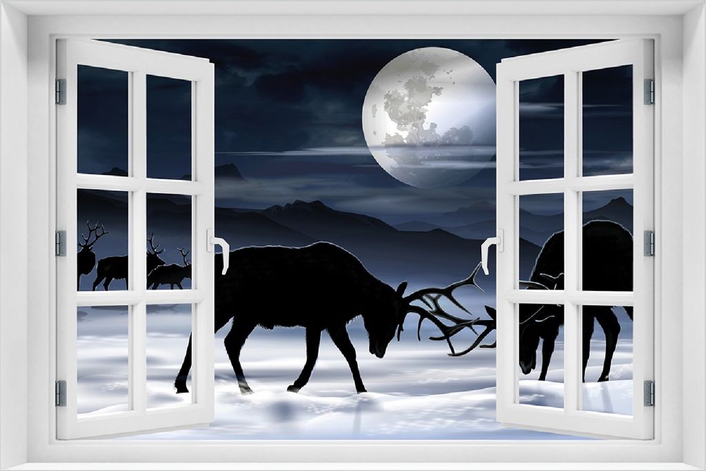 Wallario Poster mit Fenster-Illusion: Elch im Schnee bei Mondschein - Silhouette am Abend, Größe: 100 x 150 cm