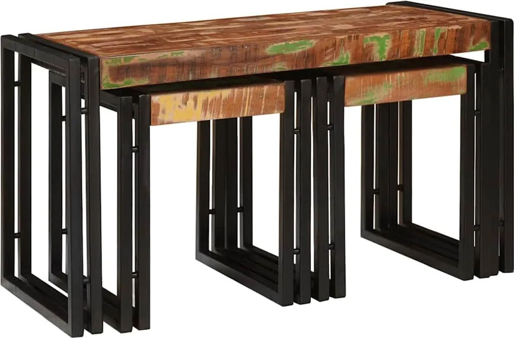 vidaXL Nesting Tables 3 pz Legno Massiccio Antico Marrone Nero Loft