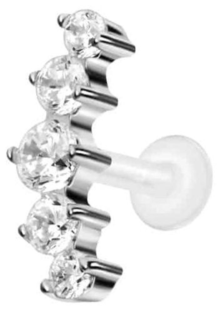 Ohrpiercing, Nasenpiercing PTFE Labret mit Innengewinde + Titan-Aufsatz 5 EINGEFASSTE KRISTALLE Silber Stablänge: 7mm | Stabstärke: 1,2mm
