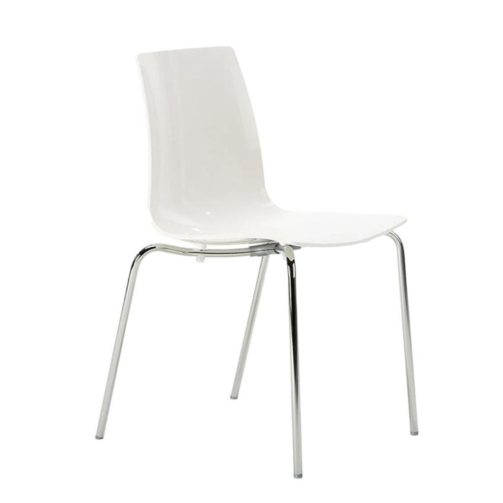 A single white chair with silver legs on a white background.