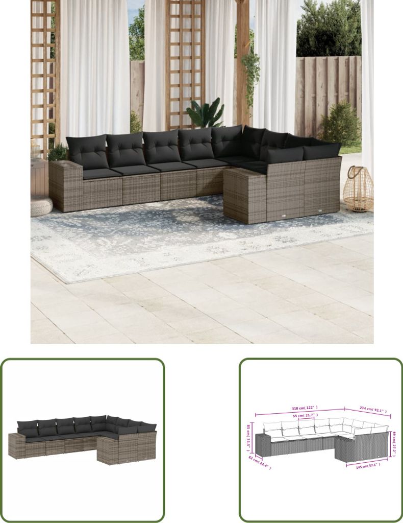 The Living Store 9-tlg. Garten-Sofagarnitur mit Kissen Grau Poly Rattan