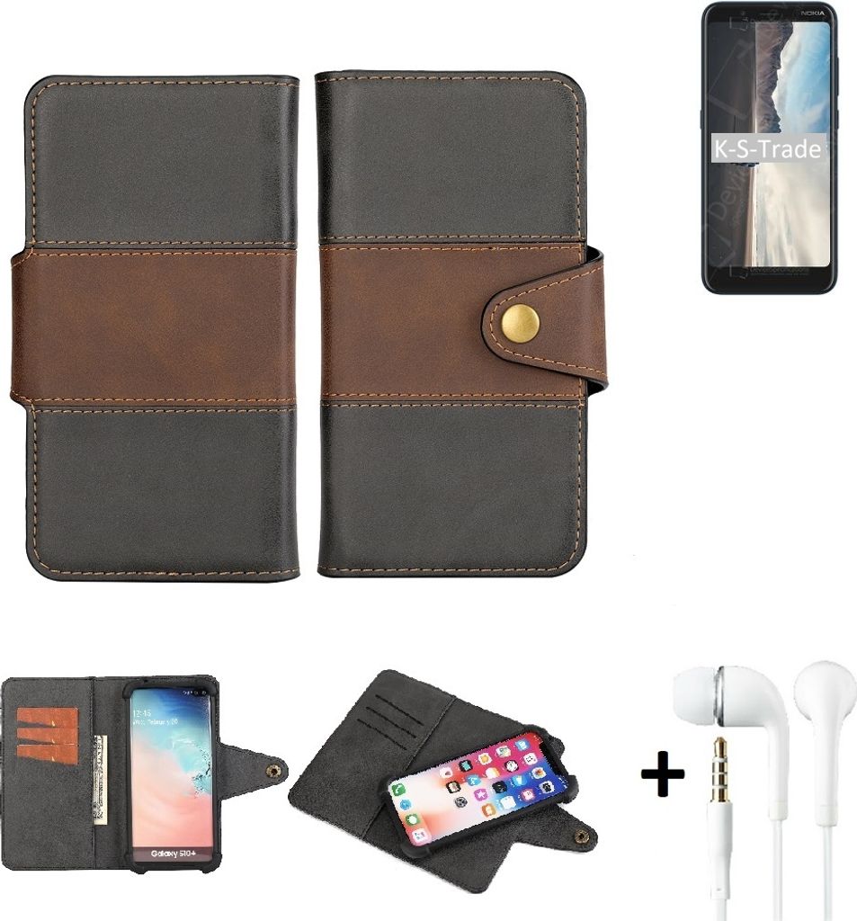 K-S-Trade Handyhülle Schutzhülle Bookstyle Wallet-Case kompatibel mit Nokia C2 Tennen + earphones Bumper rundumschutz schwarz-braun 1x
