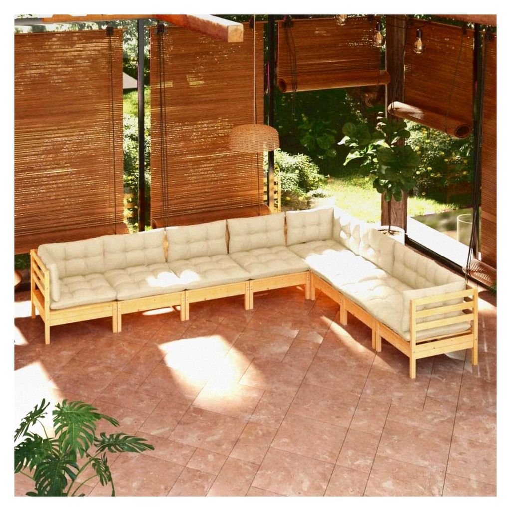 8-teiliges Garten-Lounge-Set aus massivem Kiefernholz mit cremeweißen Kissen, modulare Outdoor-Sitzgruppe für Terrasse, Balkon und Veranda