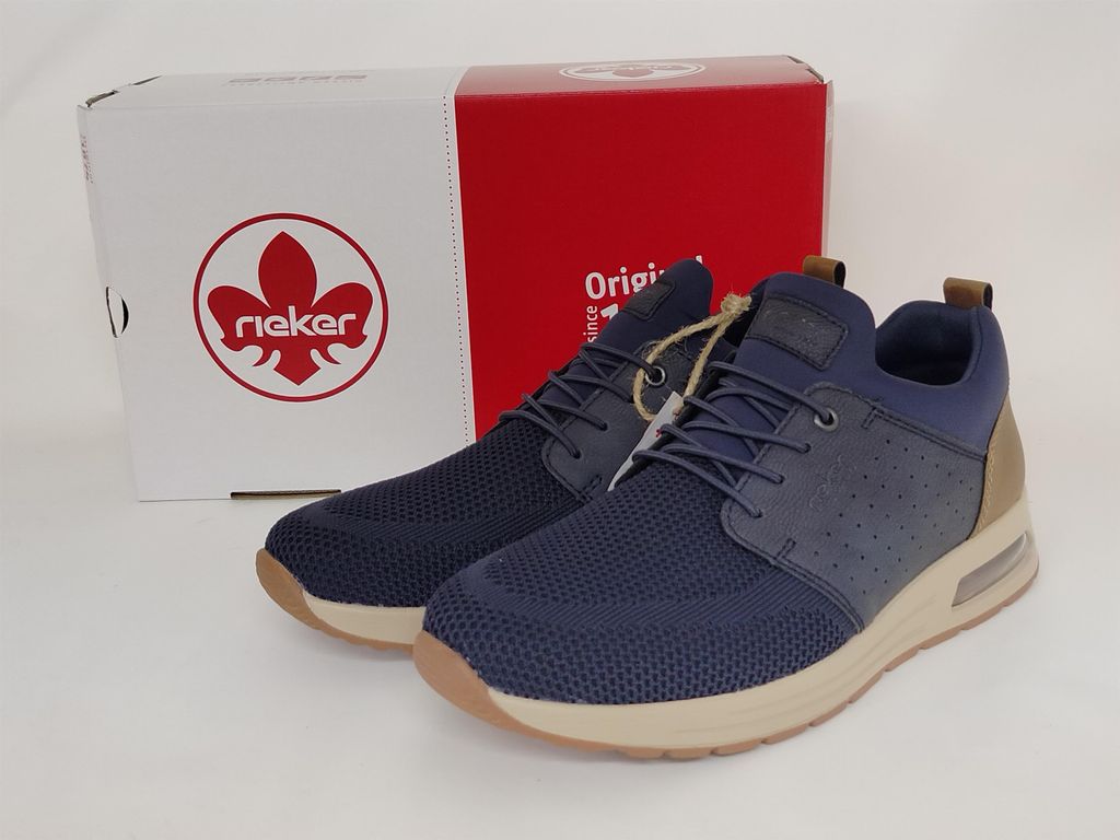 Rieker Herren Slipper mit Stretchsenkel blau mit brauner Hacke 46