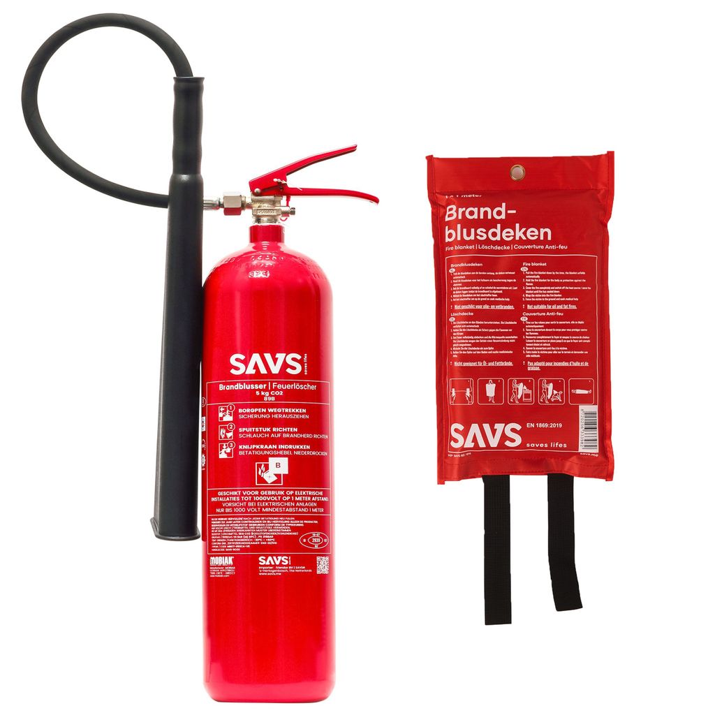 SAVS Feuerlöscherset - CO2 Feuerlöscher - Feuerlöscher CO2 5 kg & Löschdecke 120 x 180 cm