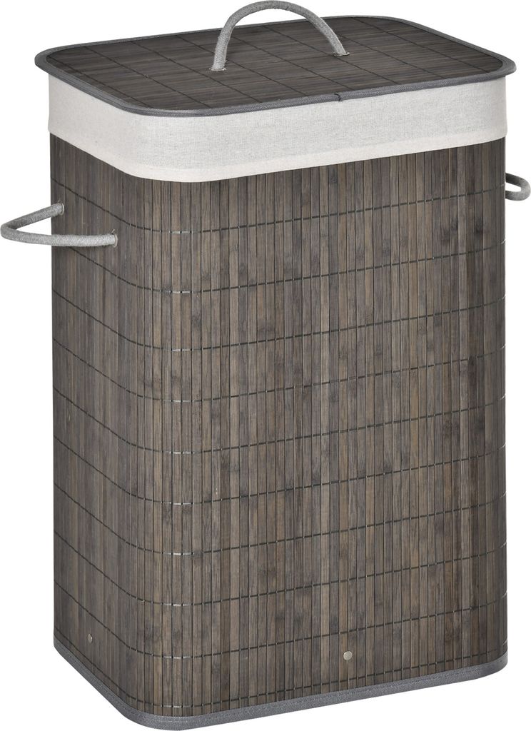 HOMCOM Bambus Wäschekorb schmal mit Deckel 83L Wäschesammler mit Griffen, herausnehmbarer Wäschesack, Laundry Baskets Wäschesortierer Grau