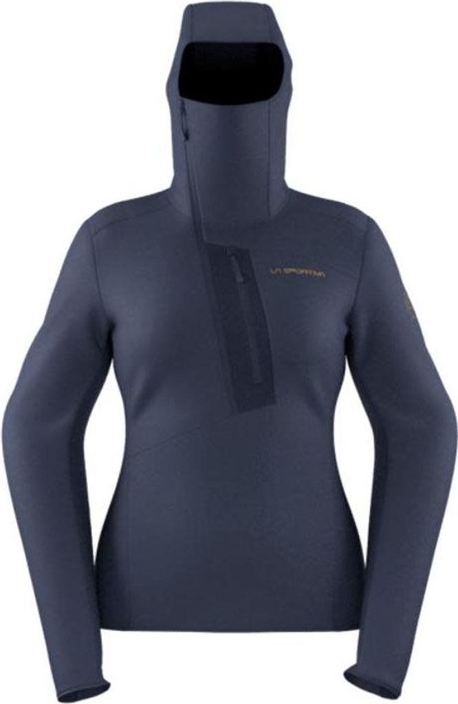 Dunkelblauer Big Wall Pullover Hoody von La Sportiva für Damen; mit Kapuze und enganliegendem Schnitt.