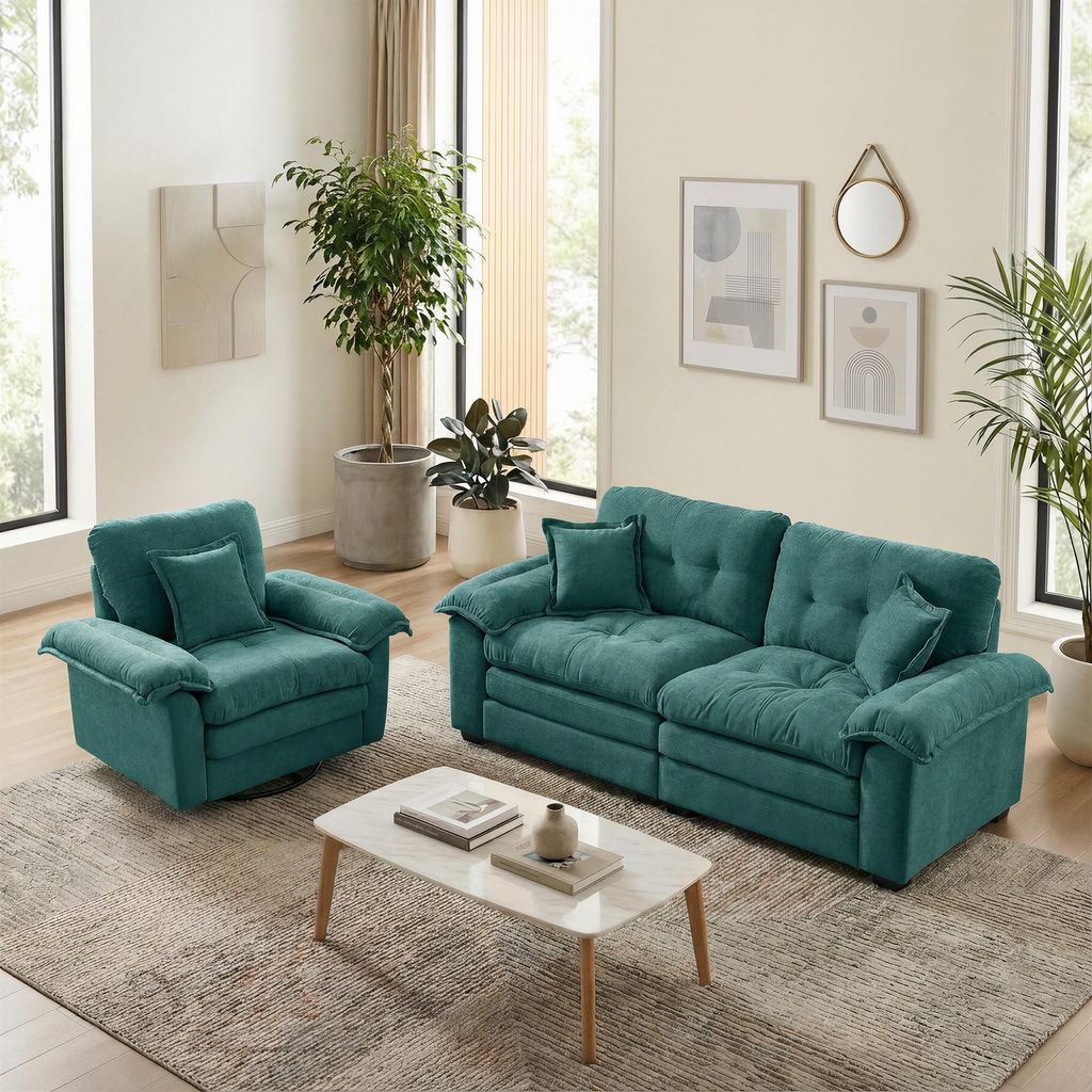 2-teiliges Sofaset: Einzelsofa + Loveseat, Chenille, Memory-Schaum, mit Kissen – Grün
