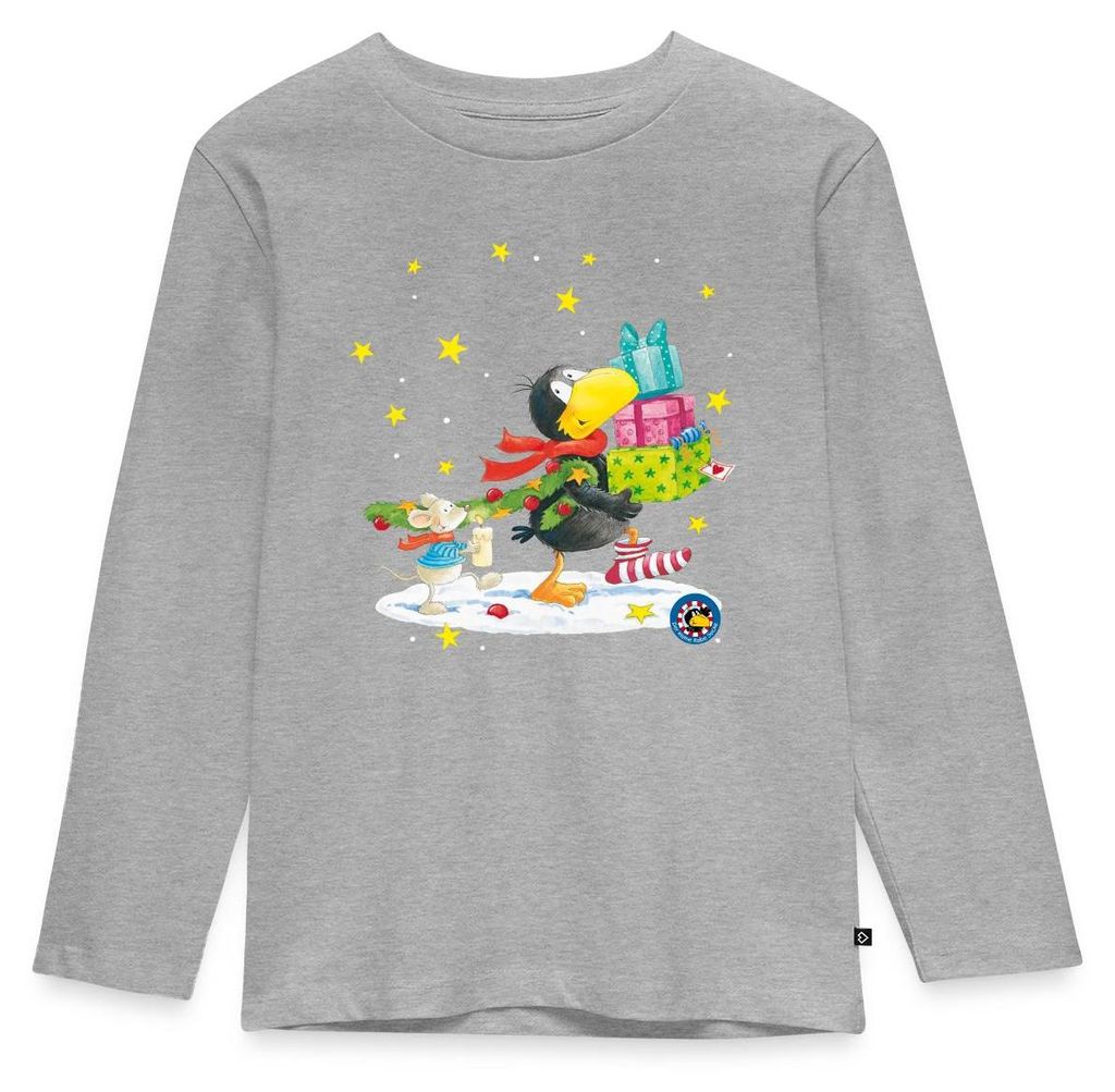 Spreadshirt Der kleine Rabe Socke Weihnachten Kinder Premium Langarmshirt, 122/128 (6 Jahre), Grau meliert