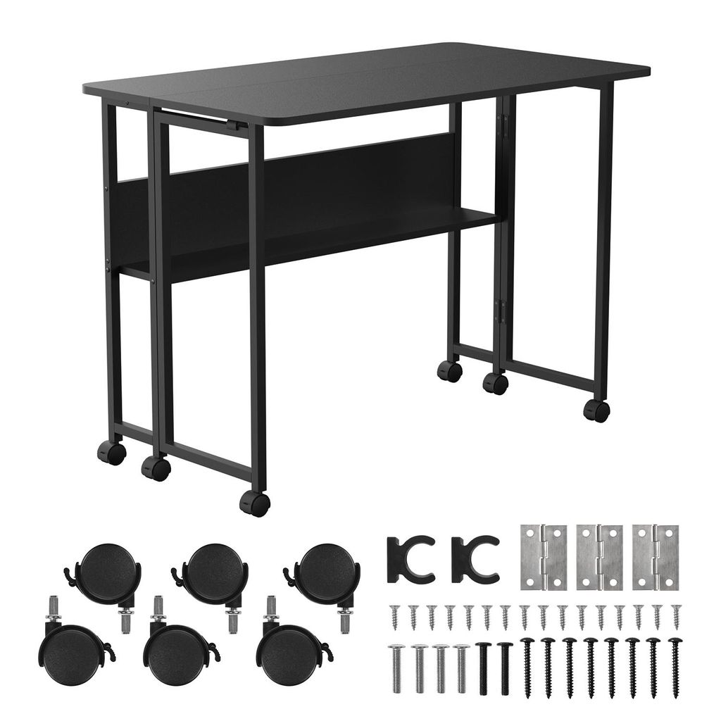 A black folding table with a shelf and wheels, along with its accessories, displayed against a white background.