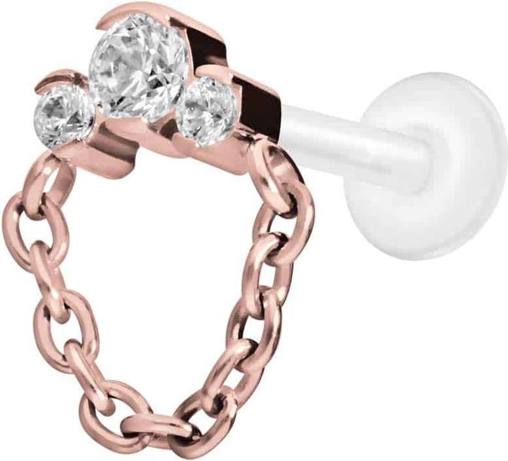 Ohrpiercing, Nasenpiercing PTFE Labret mit Innengewinde + Titan-Aufsatz 3 EINGEFASSTE KRISTALLE + KETTE RoséGold Stablänge: 10mm | Stabstärke: 1...