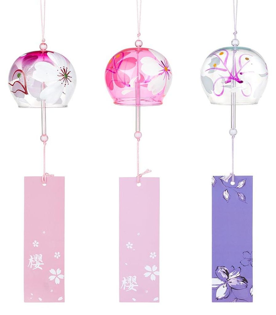 Japanische Windspiele in drei Farben: Rot-Rosa, Rosa, Lila und ein romantisches Kirschrot. Handgefertigte Glasanhänger, ideal als Hochzeitsgeschen...
