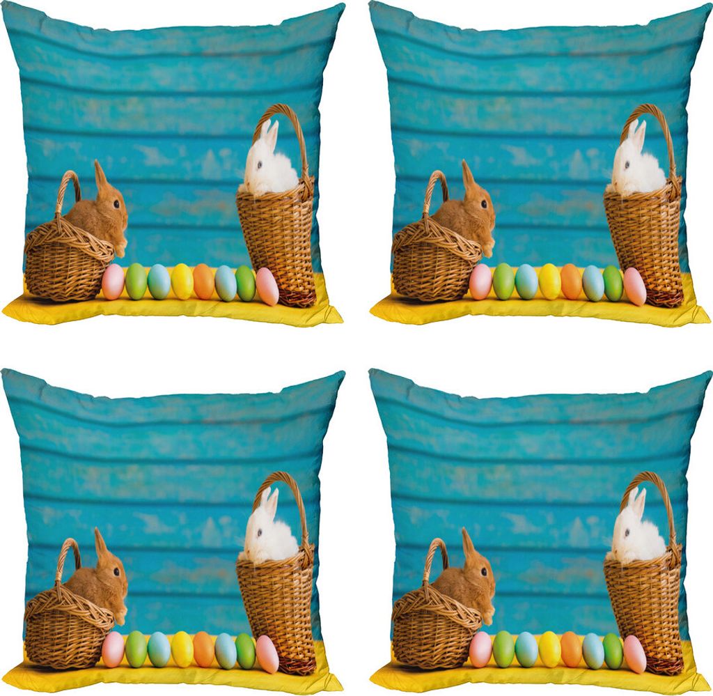 ABAKUHAUS Osterhase Kissenbezug Set (4 Stück), Kaninchen in den Körben, Moderner Doppelseitiger Digitaldruck, 50 cm x 50 cm, Mehrfarbig