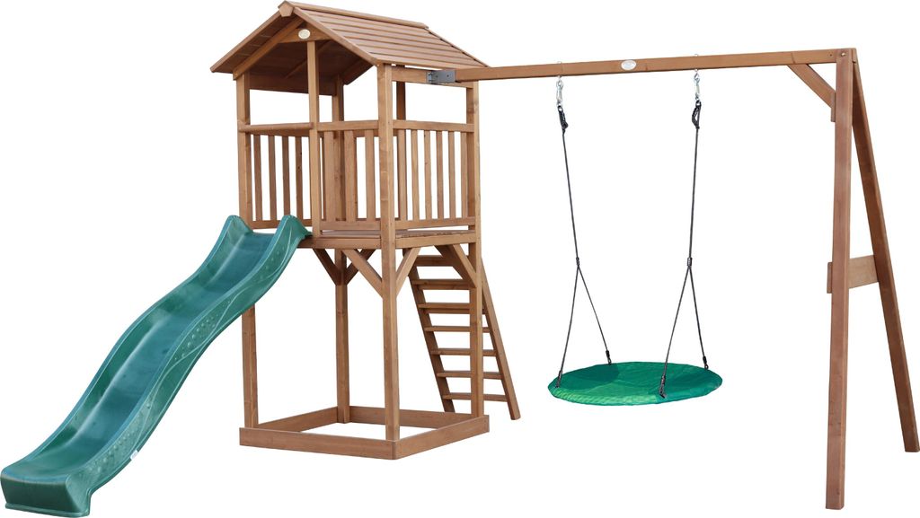 AXI Beach Tower Spielturm aus Holz in Braun | Spielhaus für Kinder mit grüner Rutsche, Nestschaukel und Sandkasten | Stelzenhaus für den Garten