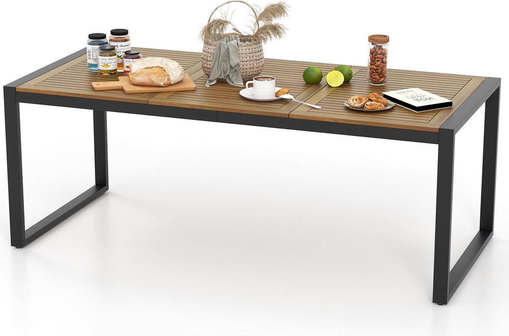 KOMFOTTEU Gartentisch mit Loch für Sonnenschirm, Esstisch mit 8 Plätzen aus Akazienholz und Metall, rechteckiger Tisch mit verstellbaren Füßen,...