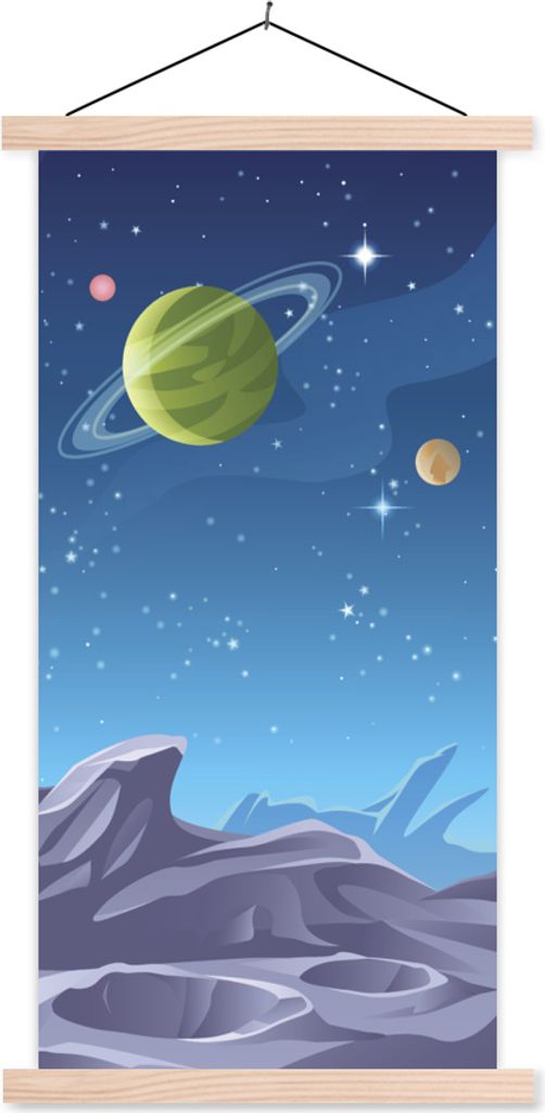 MuchoWow Textilposter Eine Illustration der Mondoberfläche mit sichtbaren Planeten 60x120 cm mit holzfarbenen Rahmen - Holz