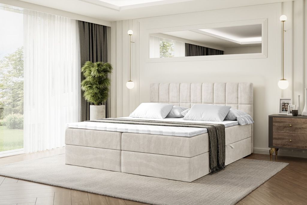 ALTDECOR Boxspringbett mit H4 Matratze und Topper - 140 x 200 cm - MIAMI - Taupe Samt - Polsterbett mit Bettkasten und Lattenrost, Bett mit Stauraum