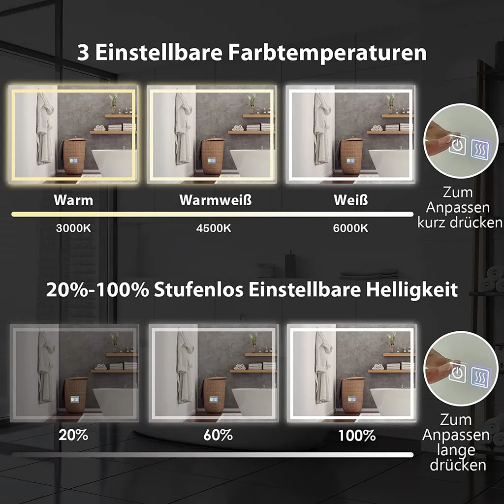 Miroir Mural LED 3000K-6000K Réglable avec Dégivrage Automatique 80cm - 3