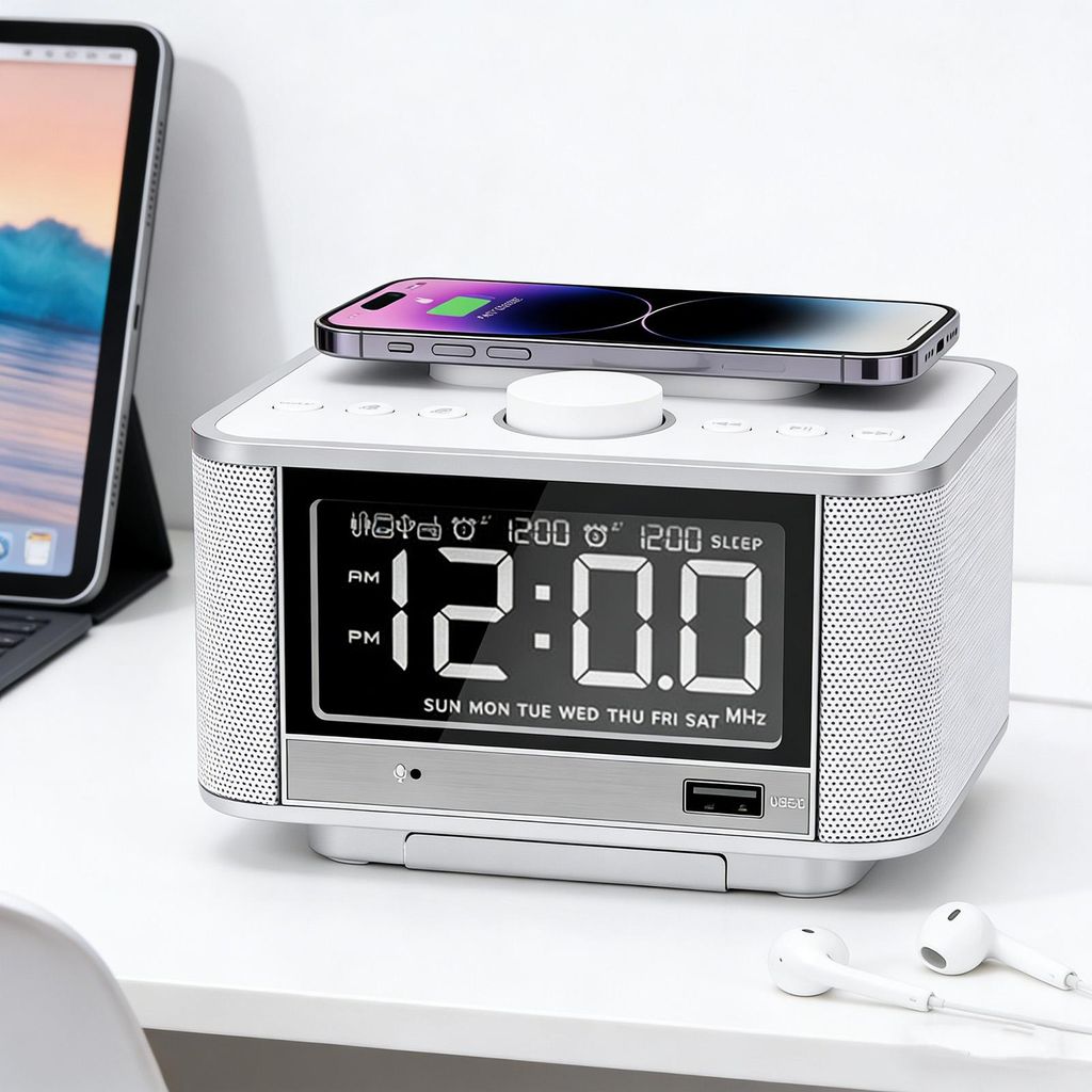 10-W-Desktop-Lautsprecher-Wecker mit FM-Radio für Zuhause und Hotels, unterstützt kabelloses Laden, Speicherkarte und Bluetooth-Wiedergabe, weiß...