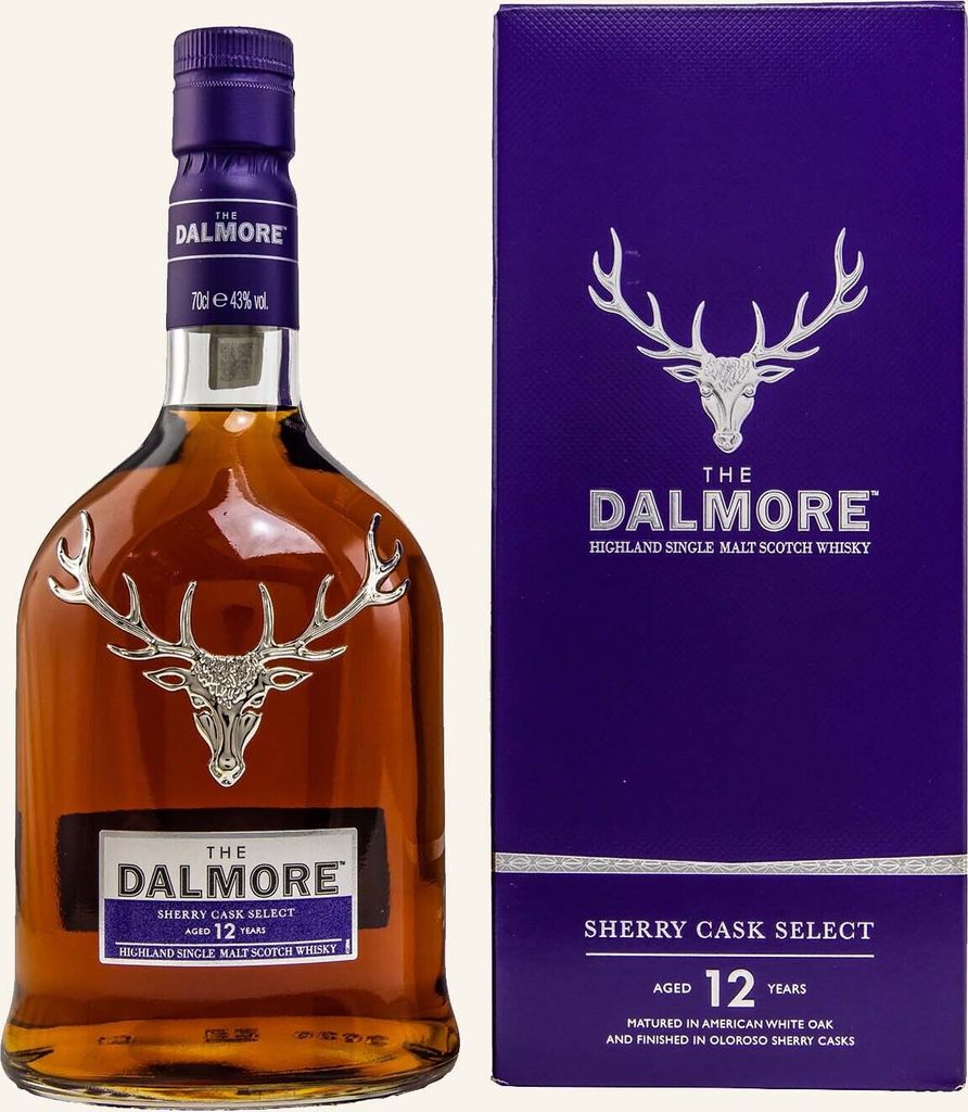 A bottle of Dalmore 12 Years Sherry Cask Select whisky and its accompanying box are displayed against a white background.