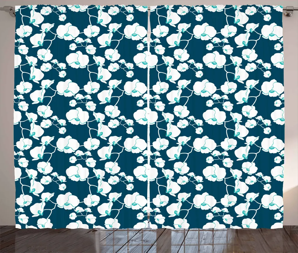 ABAKUHAUS Rideau à fronces 280x225 cm motif branche fleurie bleu pétrole